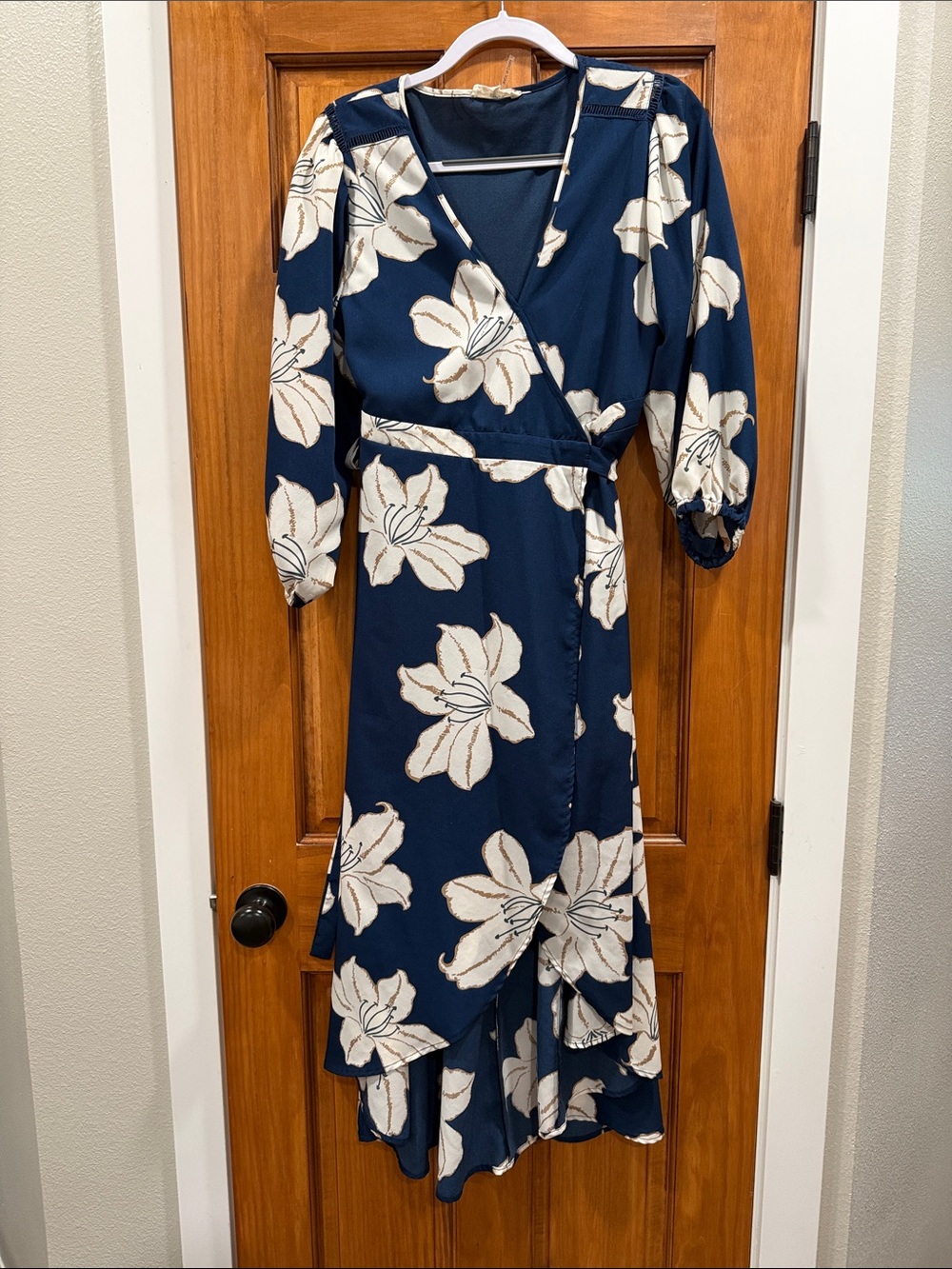 entro Navy Floral High-Low Wrap Dress with Cream Blooms